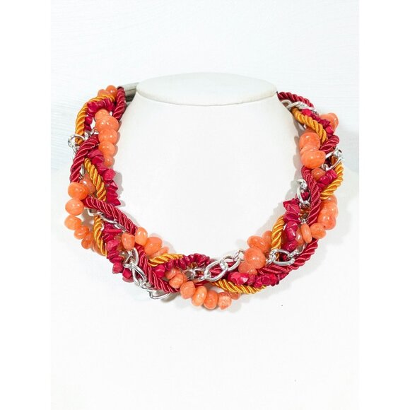 Orange Red Statement Necklace Bold Chunky Faux Coral Twist Beach Coastal Boho - Picture 1 of 11